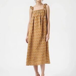 Mustard Printed Midi Dress with Tie Straps